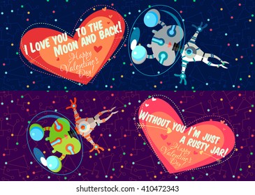 Vector illustration in flat style about outer space. Planets in the universe. Happy valentines day greeting card