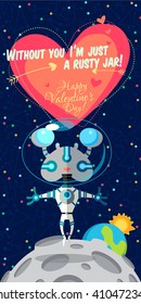 Vector illustration in flat style about outer space. Planets in the universe. Happy valentines day greeting card