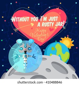 Vector illustration in flat style about outer space. Planets in the universe. Happy valentines day greeting card