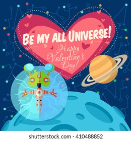 Vector illustration in flat style about outer space. Planets in the universe. Happy valentines day greeting card