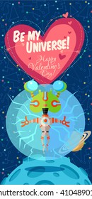 Vector illustration in flat style about outer space. Planets in the universe. Happy valentines day greeting card