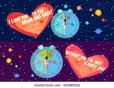 Vector illustration in flat style about outer space. Planets in the universe. Happy valentines day greeting card