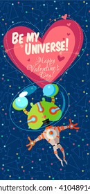 Vector illustration in flat style about outer space. Planets in the universe. Happy valentines day greeting card
