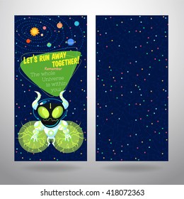 Vector illustration in flat style about outer space. Planets in the universe. Greeting card