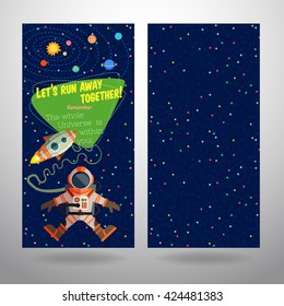 Vector illustration in flat style about outer space. Planets in the universe. Greeting card