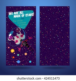 Vector illustration in flat style about outer space. Planets in the universe. Greeting card
