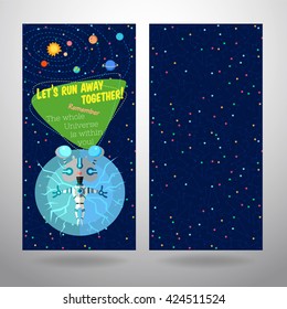 Vector illustration in flat style about outer space. Planets in the universe. Greeting card