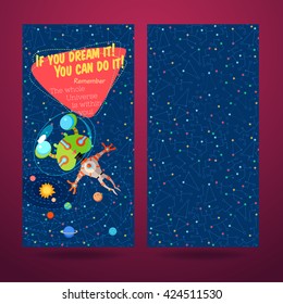 Vector illustration in flat style about outer space. Planets in the universe. Greeting card