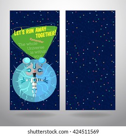 Vector illustration in flat style about outer space. Planets in the universe. Greeting card