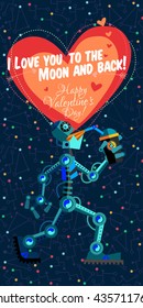 Vector illustration in flat style about outer space and robot. Planets in the universe. Greeting card. Valentine's day.