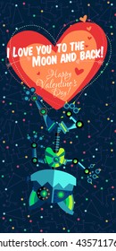 Vector illustration in flat style about outer space and robot. Planets in the universe. Greeting card. Valentine's day.