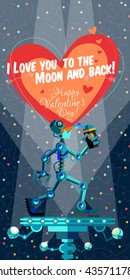 Vector illustration in flat style about outer space and robot. Planets in the universe. Greeting card. Valentine's day.