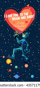 Vector illustration in flat style about outer space and robot. Planets in the universe. Greeting card. Valentine's day.