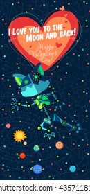 Vector illustration in flat style about outer space and robot. Planets in the univers. Greeting card. Valentine's day.