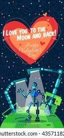 Vector illustration in flat style about outer space and robot. Planets in the univers. Greeting card. Valentine's day.