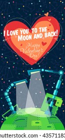 Vector illustration in flat style about outer space and robot. Planets in the univers. Greeting card. Valentine's day.