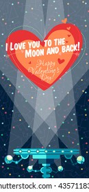 Vector illustration in flat style about outer space and robot. Planets in the univers. Greeting card. Valentine's day.