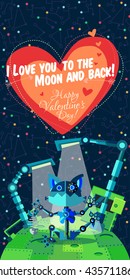 Vector illustration in flat style about outer space and robot. Planets in the univers. Greeting card. Valentine's day.