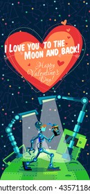 Vector illustration in flat style about outer space and robot. Planets in the univers. Greeting card. Valentine's day.