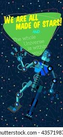 Vector illustration in flat style about outer space and robot. Planets in the universe. Greeting card
