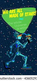 Vector illustration in flat style about outer space and robot. Planets in the universe. Greeting card