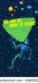 Vector illustration in flat style about outer space and robot. Planets in the universe. Greeting card