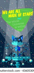 Vector illustration in flat style about outer space and robot. Planets in the universe. Greeting card