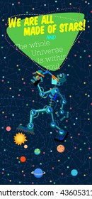 Vector illustration in flat style about outer space and robot. Planets in the universe. Greeting card