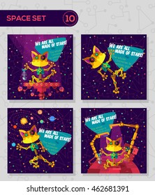 Vector illustration in flat style about outer space and robot. Planets in the univers. Greeting card