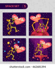 Vector illustration in flat style about outer space and robot. Planets in the univers. Greeting card