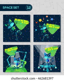 Vector illustration in flat style about outer space and robot. Planets in the univers. Greeting card