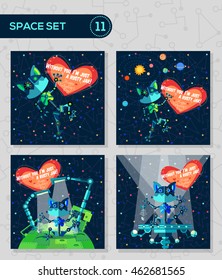 Vector illustration in flat style about outer space and robot. Planets in the univers. Greeting card