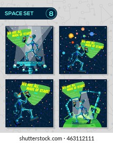 Vector illustration in flat style about outer space and robot. Planets in the univers. Greeting card