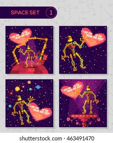 Vector illustration in flat style about outer space and robot. Planets in the universE. Greeting card