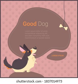 Vector illustration in flat style - adopt a dog banner design - smiling cartoon puppy with a bone
