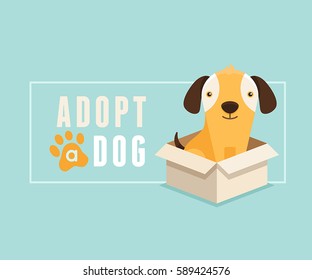 Vector illustration in  flat style - adopt a dog banner design - smiling cartoon puppy in a box