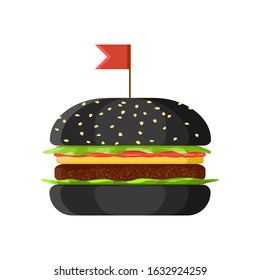 vector Illustration in flat style of American black burger with pork, ketchup, salad. Isolated image of tasty fastfood for lunch time on white background, concept of royal beefburger for dinner