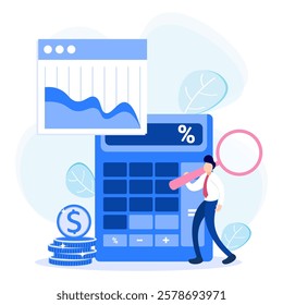 Vector illustration in flat style Analysis and financial concept showing graphs. The character of people is full of enthusiasm for profit.