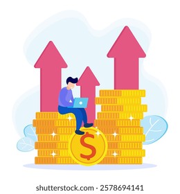 Vector illustration in flat style Analysis and financial concept showing graphs. The character of people is full of enthusiasm for profit.