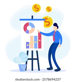 Vector illustration in flat style Analysis and financial concept showing graphs. The character of people is full of enthusiasm for profit.