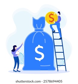 Vector illustration in flat style Analysis and financial concept showing graphs. The character of people is full of enthusiasm for profit.