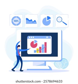 Vector illustration in flat style Analysis and financial concept showing graphs. The character of people is full of enthusiasm for profit.