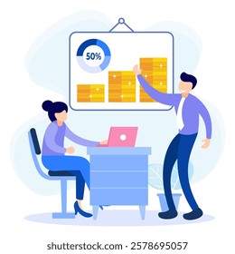 Vector illustration in flat style Analysis and financial concept showing graphs. The character of people is full of enthusiasm for profit.