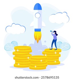 Vector illustration in flat style Analysis and financial concept showing graphs. The character of people is full of enthusiasm for profit.