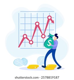 Vector illustration in flat style Analysis and financial concept showing graphs. The character of people is full of enthusiasm for profit.