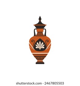 Vector illustration in a flat style with an ancient brown clay amphora reflecting the essence of Greek and Roman ceramics with traditional patterns.