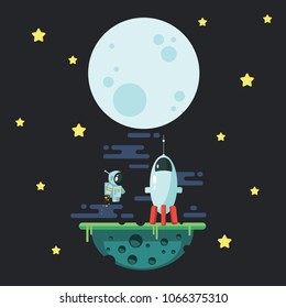 Vector illustration in flat style. Astronaut traveling in space. An astronaut and a rocket on the asteroid