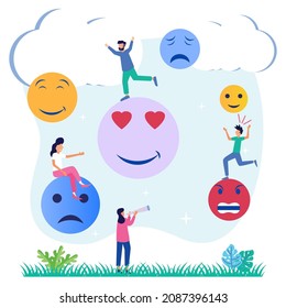 Vector illustration of flat style attitude expression in face symbol. Emotions and feelings are types of non-verbal communication to show behavior in messages or letter texts.