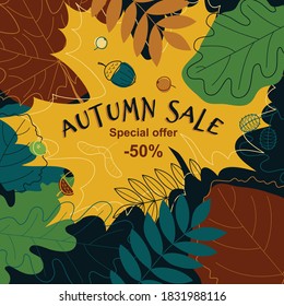 Vector illustration in flat style. Autumn sale banner with leaves.