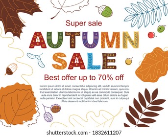 Ilustración vectorial en estilo plano. Cartel de venta de otoño con hojas.